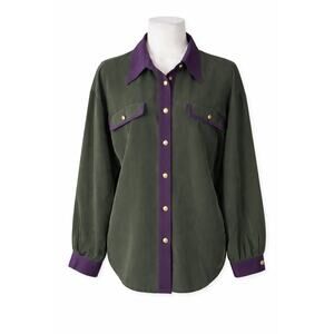 Piera Bertolasi Olive & Purple 100% Silk Blouse Gold Button Vintage Chic Small